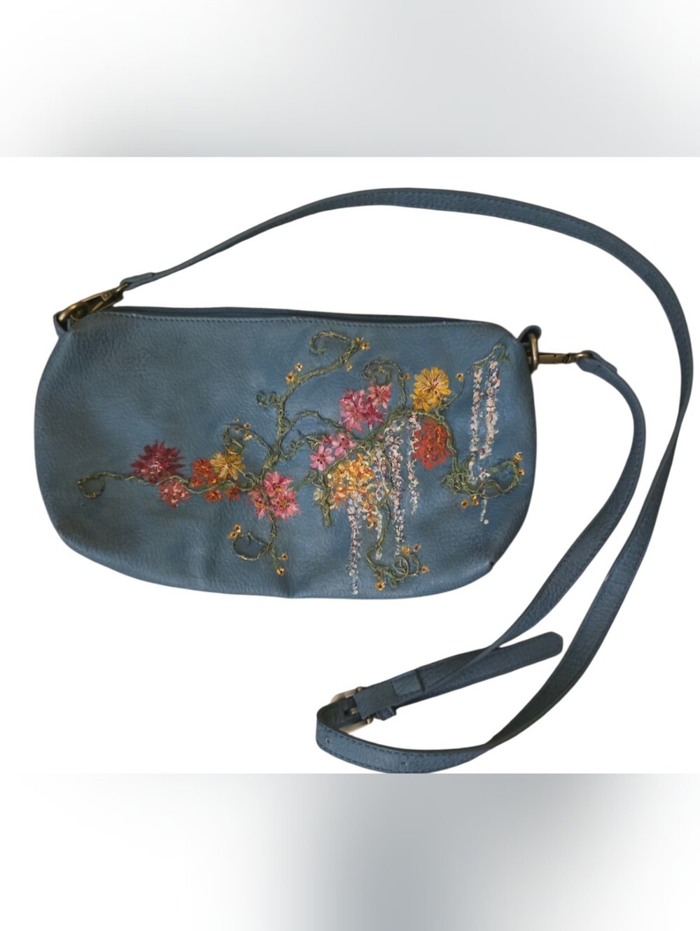 Blue Floral Embroidered Leather Crossbody Bag
